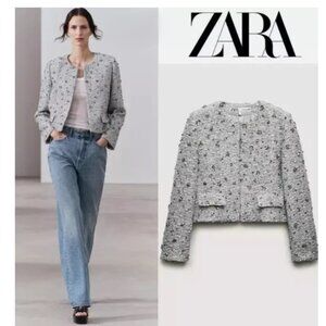 ZW COLLECTION ZARA SEQUIN SILVER ROUND NECK SHORT JACKET REF.2885/152